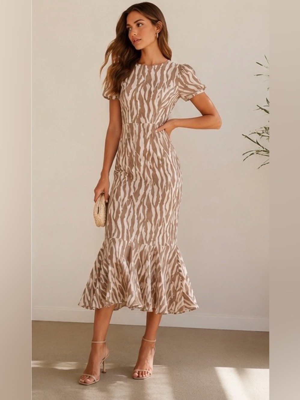 LE BOP Etta Dress Mocha Wild Zebra Print Midi Dress Romantic Mermaid Hem | M|